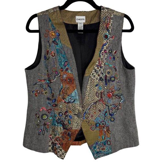 Chicos Size 1 (M/8) Women's Wool‎ Blend Vest Beaded Sequins Patchwork Artsy Boho - Picture 1 of 11